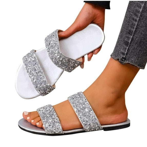 abtuhar Sandals Women,Womens Sandals Comfortable,Women's Fashion Casual Solid Color Comfortable Sequined Rhinestones Beach Flat Shoes Silver
