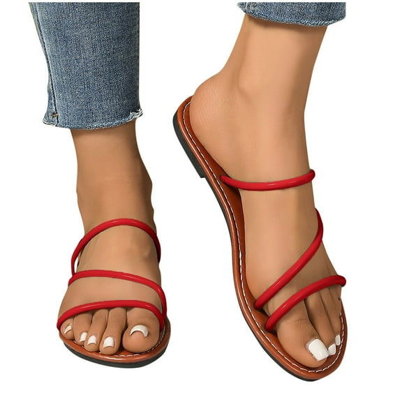 abtuhar Sandals Women,Womens Sandals,New Solid Color Flat Open Toe Round Head Light Slip-On Beach Sandals Red