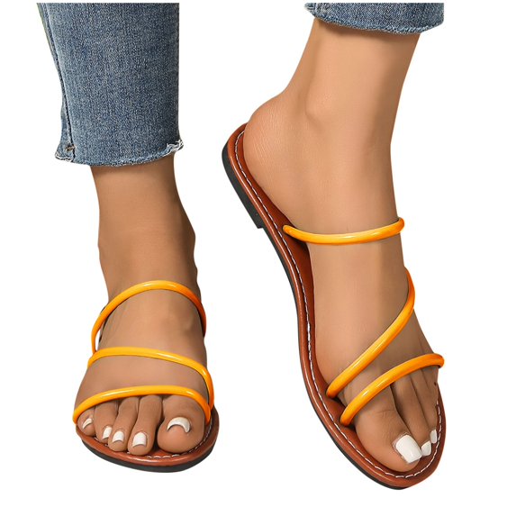abtuhar Sandals Women,Womens Sandals,New Solid Color Flat Open Toe Round Head Light Slip-On Beach Sandals Yellow