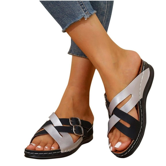abtuhar Summer Sandals for Women,Sandals Women,New Solid Color Matching One-Foot Breathable Wedge Heel Sandals Silver