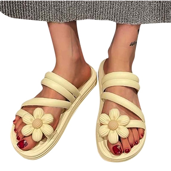 abtuhar Summer Sandals for Women,Sandals Women,Slide Sandals for Women or Ladies Dressy Summer Casual,Cute Flower Decoration Top Strap Shoes Beige