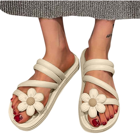 abtuhar Summer Sandals for Women,Sandals Women,Slide Sandals for Women or Ladies Dressy Summer Casual,Cute Flower Decoration Top Strap Shoes White