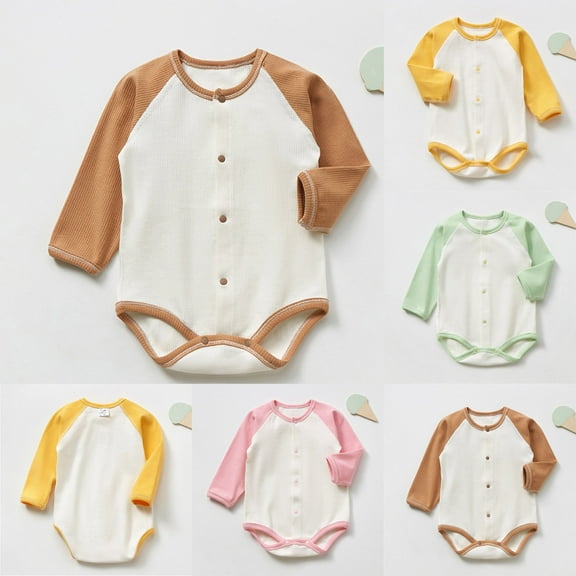 abtuhar Toddler Girl Romper,Toddler Pajamas,Newborn Bodysuit Color Block Button Knitted Long Sleeved Round Neck Jumpsuits Pink 9-18 Months