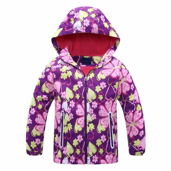 abtuhar Toddler Jacket,Kids Jacket,Girls Outdoor Floral Fleece Lined Light Windproof Jacket with Hood Purple 7 Years
