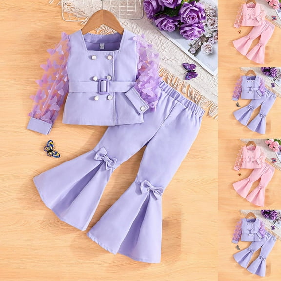 abtuhar Toddler Outfits for Girls,Girls Outfits,Girls' Solid Color Casual Long Sleeved Knot Mesh Sleeve Suit Long Pants Two-piece Set Long Sleeved Lapel Set Pink 3 Years