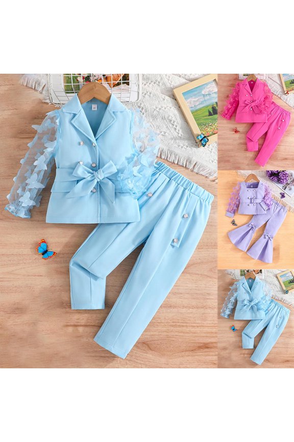 Toddler Outfits for Girls,Girls Outfits,Girls' Solid Color Casual Long Sleeved Knot Mesh Sleeve Suit Long Pants Two-piece Set Long Sleeved Lapel Set Blue 5 Years