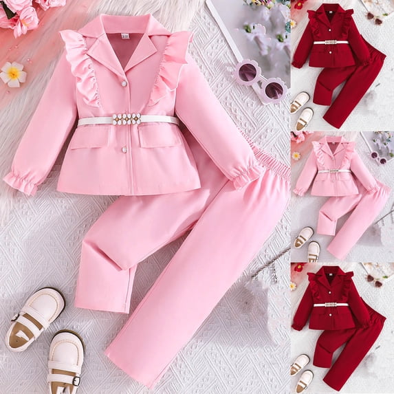 abtuhar Toddler Outfits for Girls,Girls Outfits,Girls' Solid Color Long Sleeved Top with White Belt,Ruffled Blazer and Long Pants Outfits Pink 7-8 Years