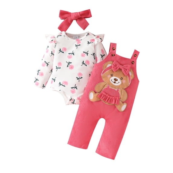 abtuhar Toddler Outfits for Girls,Girls Outfits,Newborn Infant Girl Clothes Rib Knit Romper Print Pants Headband Baby Clothes for Girls Pink 3 Months