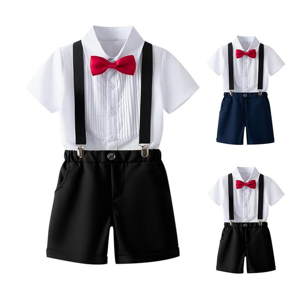abtuhar Toddler Suit,Suit for Boys,Toddler Boy Formal Short Set Toddler Outfit Kid Short Sleeve Bowtie Shirt Suspender Shorts Suit Black 5 Years