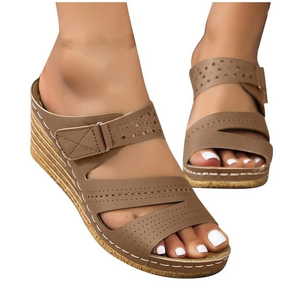 abtuhar Wedge Sandals for Women,Women's Sandals,Summer New Fashion Casual Style Solid Color Beach Breathable Open-Toe Wedge Sandals Brown