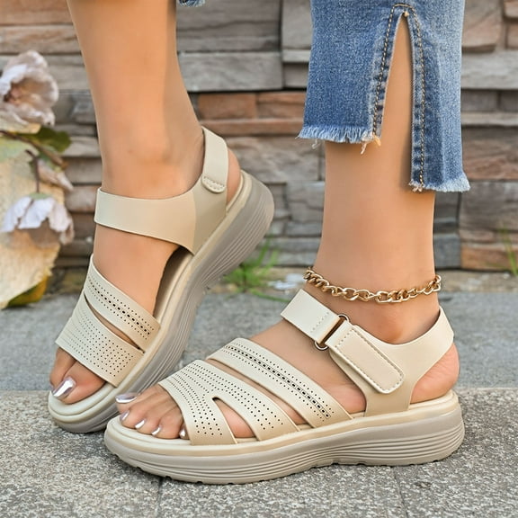 abtuhar Wedge Sandals for Women,Womens Sandals,Women's Open Toe Ankle Strap Casual Flatform Fish Mouth Wedge Heel Square Buckle Sandals Beige 5.5