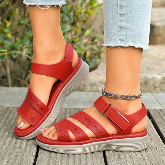 abtuhar Wedge Sandals for Women,Womens Sandals,Women's Open Toe Ankle Strap Casual Flatform Fish Mouth Wedge Heel Square Buckle Sandals Red 7