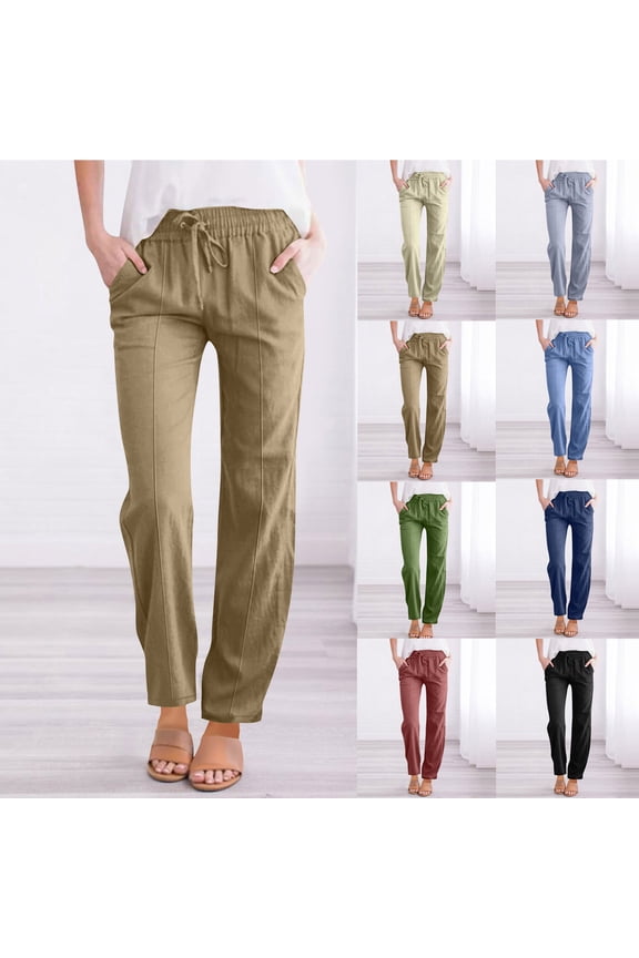Women's Pants,Pants for Women,Womens Casual Linen High Waist Pants Drawstring Loose Fits Summer Pants Trousers with Side Pockets Sky Blue M