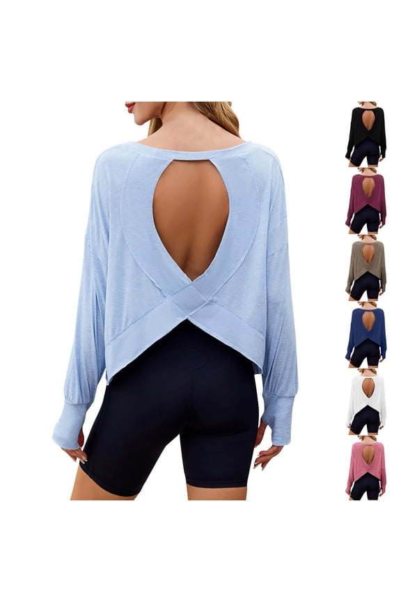 Women's Tops,Tops for Women,Women Long Sleeve Workout Shirts Open Back Tops Casual Yoga Athletic Gym Slouchy Crop Running Tees Navy S