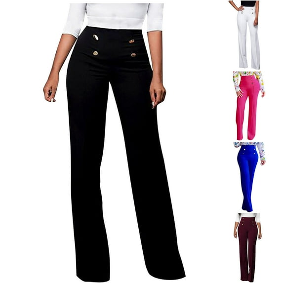abtuhar Women's Work Pants,Womens Casual Pants,Solid Color Casual Pants Button High Waist Micro Flared Trousers White