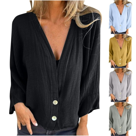 abtuhar Womens Blouses,Plus Size Tops for Women,Casual Loose Solid Button Up T-shirt Long Sleeve V-neck Top Beige