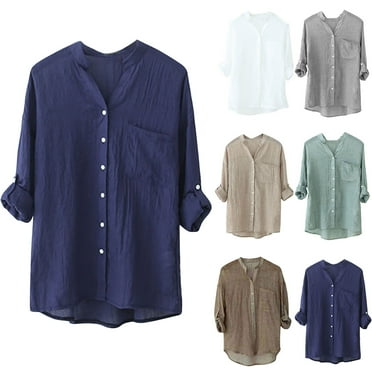 abtuhar Womens Blouses,Plus Size Tops for Women,Casual Solid Color Cotton Linen 3/4 Sleeve Tops Button Cardigan V-Neck Tops Gray