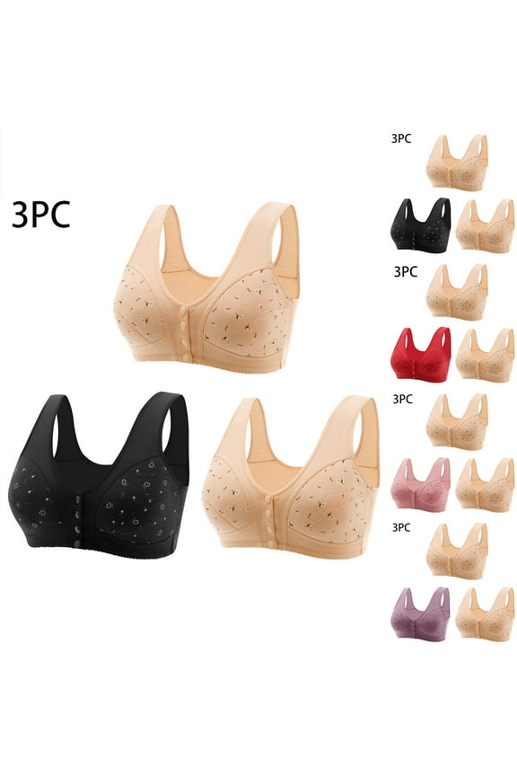 Womens Bras Pack of 3,Supportive Bras for Women,3-Pack Women's Comfy Wirefree Seamless Bra Printed Front Buckle Underwear Soft Large Size Sleep Bras Black