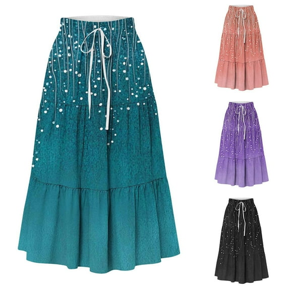 abtuhar Womens Maxi Skirt,Skirts for Women,Womens Floral Print Boho Maxi Skirt Elastic High Waist Pleated Ruffle Flowy Long Skirts Orange M