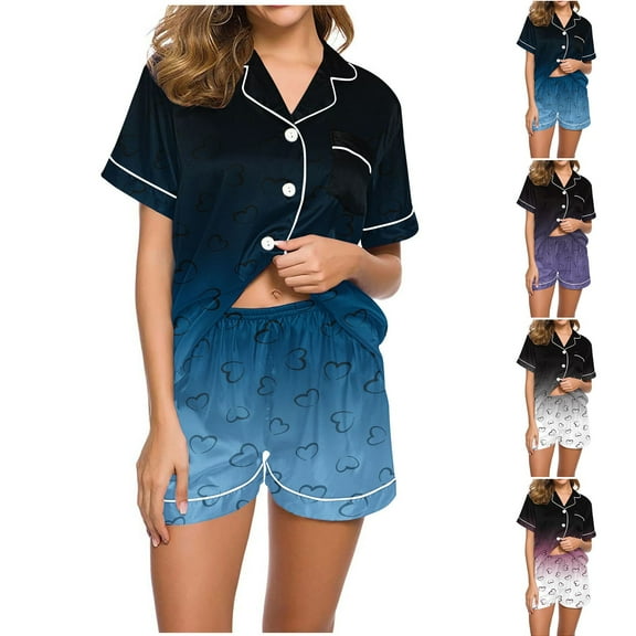 abtuhar Womens Pajama Sets,Pajamas for Women,Pajamas Set for Women Short Sleeve Sleepwear Button Down Pjs Soft 2 Piece Lounge Sets Blue L