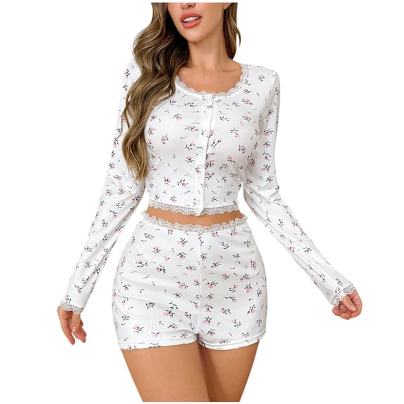 abtuhar Womens Pajama Sets,Pajamas for Women,Women Pajamas Set Sleepwear Long Sleeve Pjs Printed Soft Comfy Nightwear with Short Pants White S