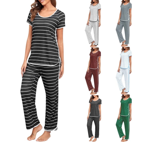 abtuhar Womens Pajama Sets,Summer Pajamas for Womens,Stripe Pajamas Set Women Two-Piece Nightwear Short Sleeve Sleepwear Soft Side Split Loungewear Sets