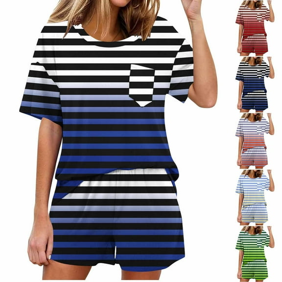 abtuhar Womens Pajama Short Sets,Pajamas Sets for Women 2pc,Fashionable Casual Printed Short Sleeve Round Neck Pajamas Top and Pants Set Light Blue S