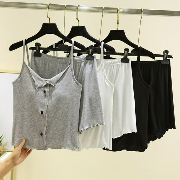 abtuhar Womens Pajama Short Sets,Pajamas Sets for Women 2pc,Womens Round Neck Casual Solid Sleeveless Outing Suspender Shorts Pants Sets White L