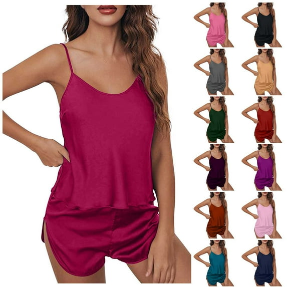 abtuhar Womens Pajama Short Sets,Satin Silk Pajamas for Women 2Pcs,Women's Casual Homewear Short-Sleeve Tops Shorts Solid Color Night Pajamas Suits Purple S