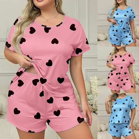 abtuhar Womens Pjs Sets,Ladies Pajamas,Women Casual Pajama Set Heart Print Short Sleeve Round Neck T-shirt with Shorts Sleepwear Loungewear Blue XXL
