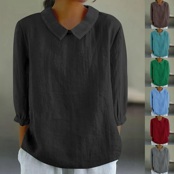 abtuhar Womens Plus Size Tops,Womens Tops Casual,Casual Style 3/4 Sleeve Linen Solid Color Blouses T-Shirt Black