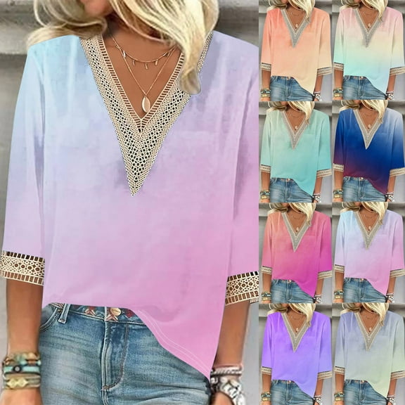 abtuhar Womens Plus Size Tops,Womens Tops,Fashion V-Neck 3/4 Length Sleeve Womens Tops Lace Print Casual T-shirt Blouse Blue