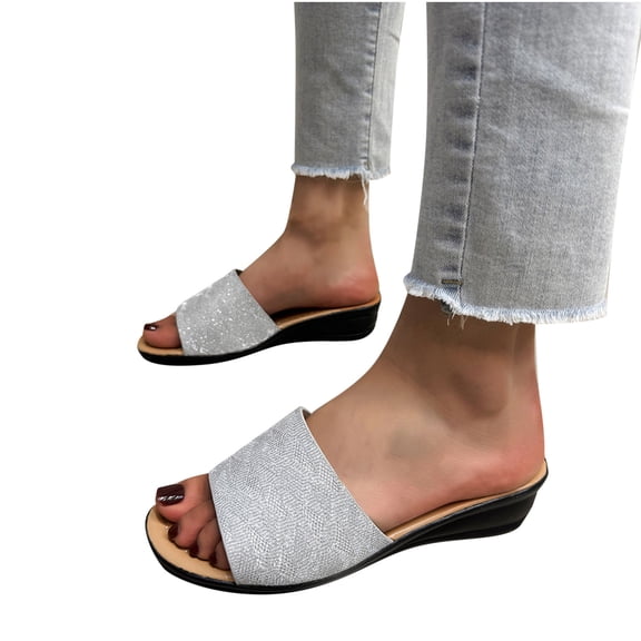 abtuhar Womens Slides,Slippers for Women,New Casual Style Fish Mouth Wedge Low Heel Slippers Silver