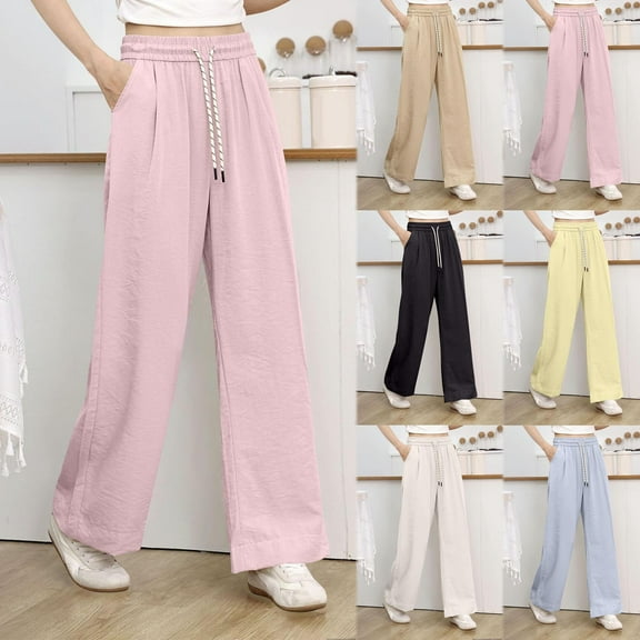 abtuhar Womens Wide Leg Pants,Casual Pants for Women,Women's Linen Summer Pants Wide Leg Beach Trousers with Pockets Khaki XXXL