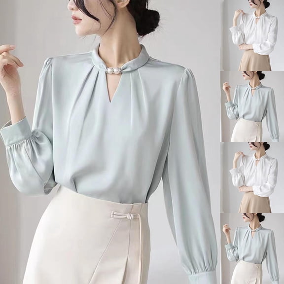 abtuhar Work Blouses for Womens,Women's Tops,Ladies' Casual Loose Solid Color Long Sleeved V-neck Tops Light Blue L