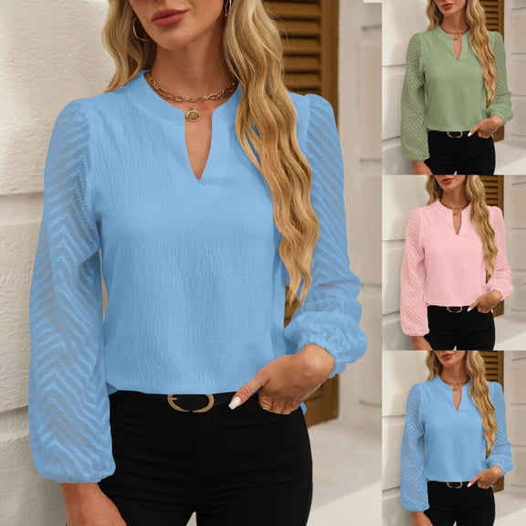 abtuhar Work Blouses for Womens,Women's Tops,Womens Casual Button Down V-Neck Long Sleeve Shirts Lace Chiffon Shirts Light Blue XL