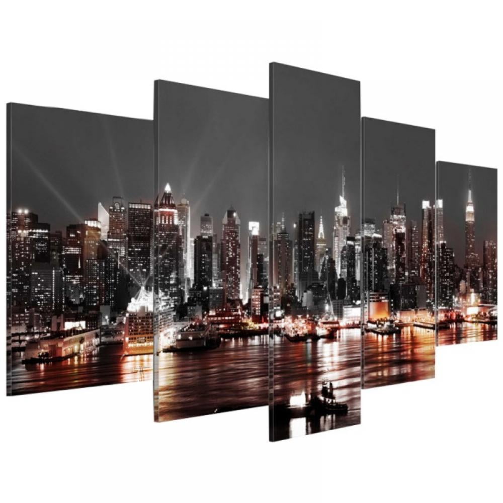 acdanc 5 Pieces Modern Home Decor Canvas Wall Art for Bedroom,City Night View Picture Wall Decor Framed Ready to Hang,40x20inch