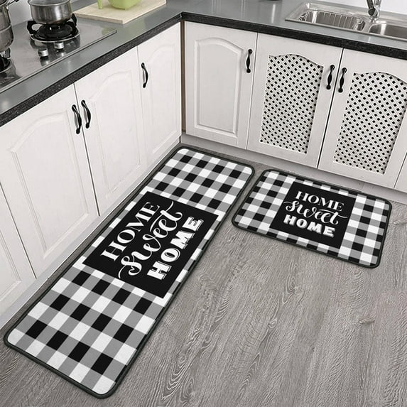 acdanc Buffalo Plaid Farmhouse Black and White Kitchen Mat, 17.7" x 47.2" + 17.7" x 23.6", 2 Count