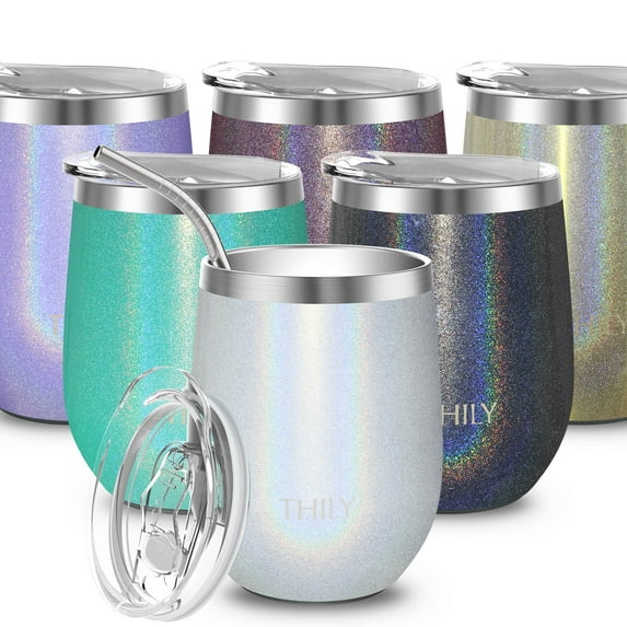 Vacuum Insulated Travel Wine Tumbler - THILY Stainless Steel 12 oz Stemless Wine Glass with Sliding Lid, Reusable Straw, Keep Cold for Cocktail, Beer, Christmas Gifts, Glitter White