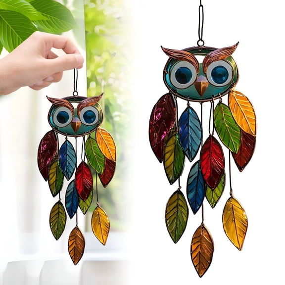 acdanc Owl Wind Chimes for Outside, Colored Acrylic Panel, Creative Animal Acrylic Window Hanging, Window Hanging for Home Decor, Handmade Stained Glass with Feathers