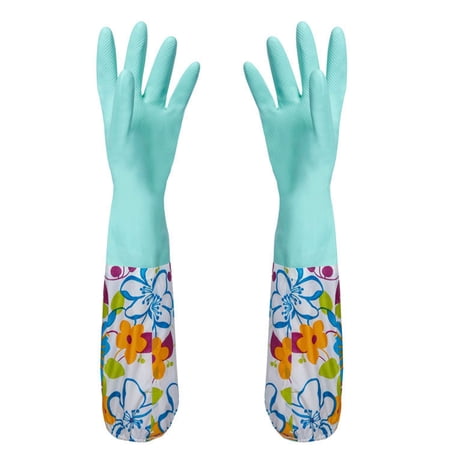 Reusable Rubber Cleaning Gloves Household Kitchen Thickening Waterproof Non-Slip Floral Dish Washing Gloves with lining