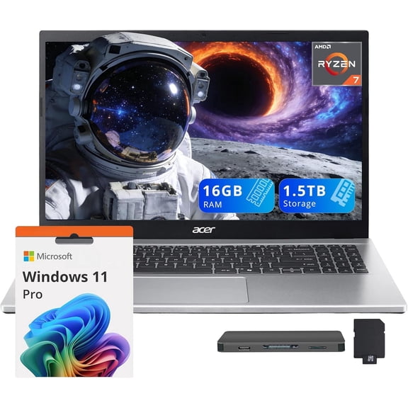 acer Aspire Go 15 15.6" FHD Laptop, AMD Ryzen 7 7730U, 16GB RAM, 1.5TB Storage (512GB SSD+1TB Docking Station Set), AMD Radeon Graphics, Copilot+ PC, Wi-Fi 6, Windows 11 Pro, Silver