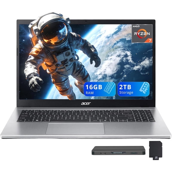 acer Aspire Go 15 15.6" FHD Laptop, AMD Ryzen 7 7730U, 16GB RAM, 2TB Storage (1TB SSD+1TB Docking Station Set), AMD Radeon Graphics, Copilot+ PC, Wi-Fi 6, Windows 11 Home, Silver