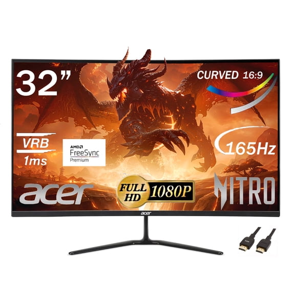 acer Nitro 32 Curved Gaming Monitor | FHD 1920 x 1080p | AMD FreeSync |165Hz Refresh Rate | Up to 1ms | 250 Nit Brightness | Anti-Glare Widescreen, with 5ave HDMI Cable