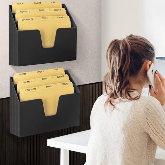 Acrimet Horizontal Triple File Folder Holder Organizer (Manila Folders Letter Size Included) (Black Color)