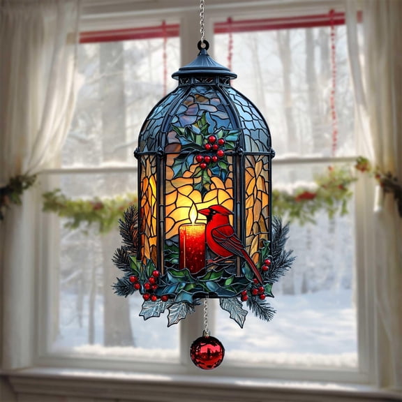acrylic Holly Cardinal Candle Lantern Suncatcher | Festive Bird & Red Berry Window Sun Catcher Ornament, Rustic Winter Holiday Gift Idea