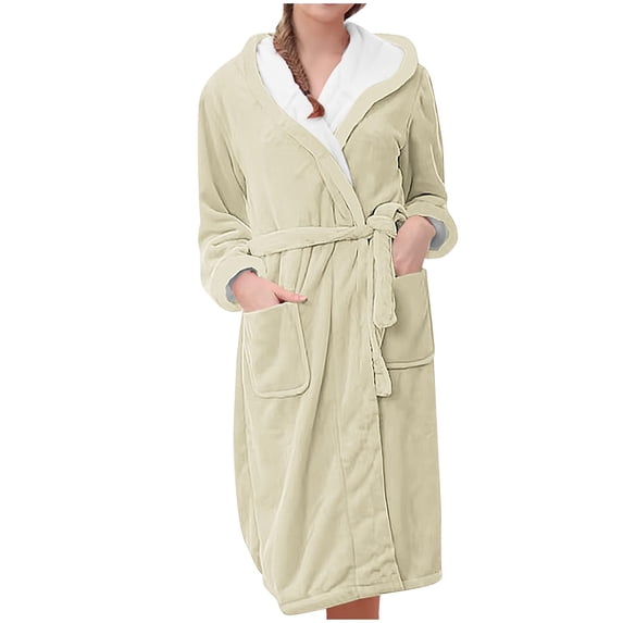 WCJM Beige Women Robes Women's Fleece Plush Robe Long Warm Plush Bathrobe Loungewear Printed Comfort Robe