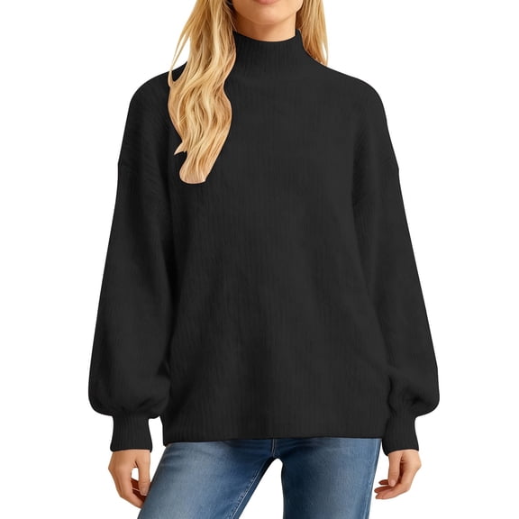 acuever Black Women's Turtleneck Sweater Women's Crew Neck Long Sleeve Pullover Crop Sweater Mock Neck Sleeve Ribbed Knit Cropped Sweater