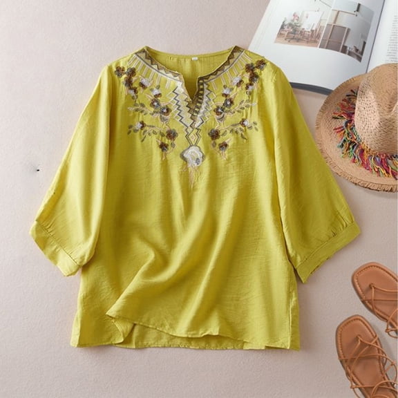 WCJM Blouses for Women Dressy Casual Ruffle 3/4 Length Sleeve Womens Tops V Neck Button Loose Tshirts Trendy Summer Shirts Shirts for Women Blouse Women