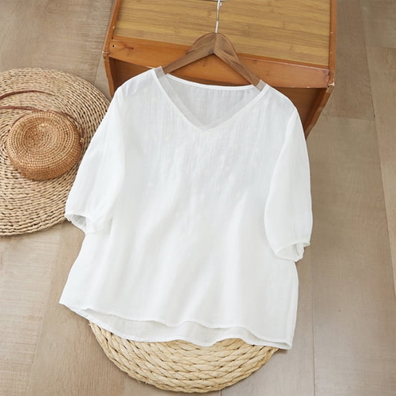 WCJM Blouses for Women Dressy Casual Ruffle 3/4 Length Sleeve Womens Tops V Neck Button Loose Tshirts Trendy Summer Shirts Shirts for Women Lace Blouses for Women